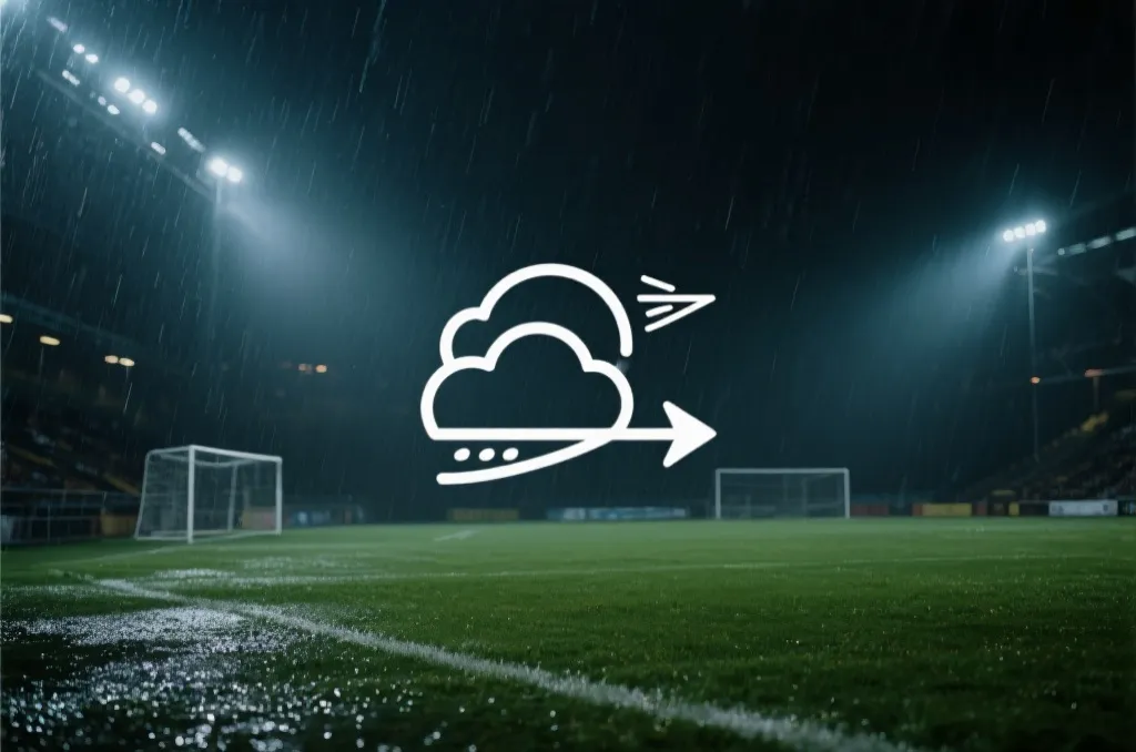 夜间球场与天气信息叠加的视觉示意，展示风雨对比赛节奏和比分的影响